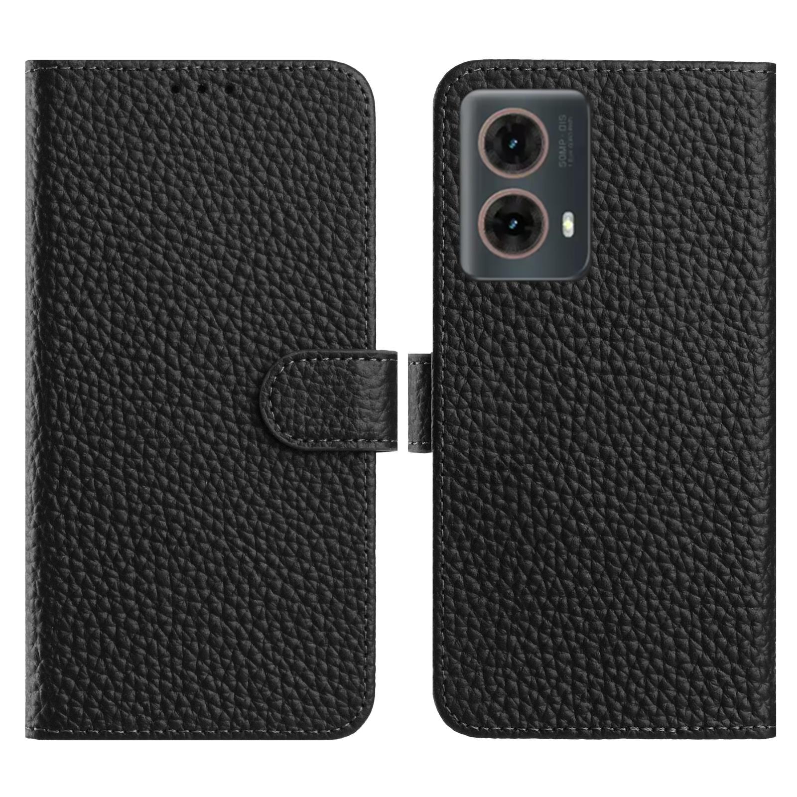 

For Motorola Moto G85 5G Case Wallet Stand Litchi Texture Genuine Cow Leather Flip Phone Cover Black