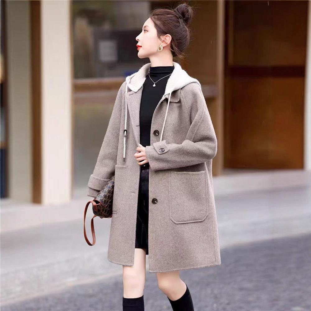 Women's Hooded Double-Faced Cashmere Coat - Slim College Style, Mid-Length, Versatile Wool for Autumn/Winter.