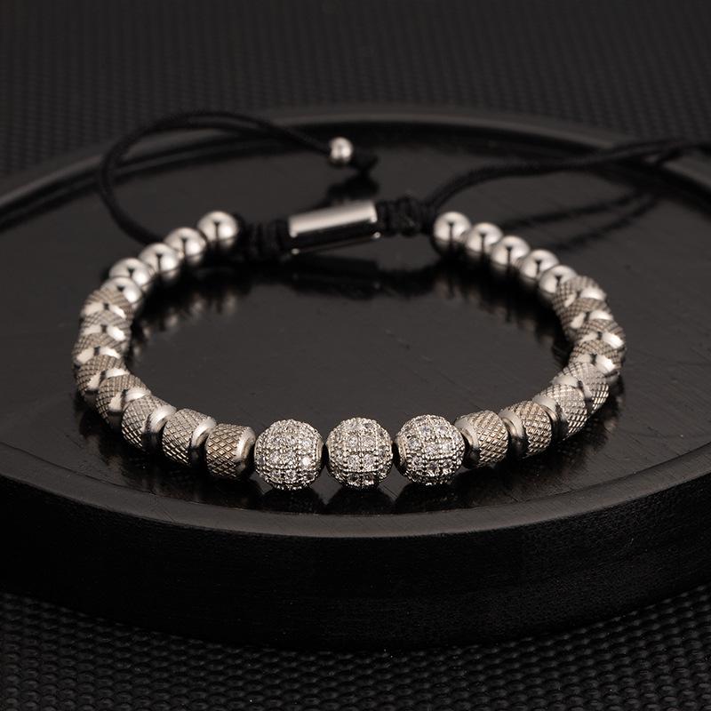 Men's Adjustable Braided Hip Hop Bracelet with Retro Copper Crown, Pineapple Beads, and Vacuum-Plated Titanium Steel.