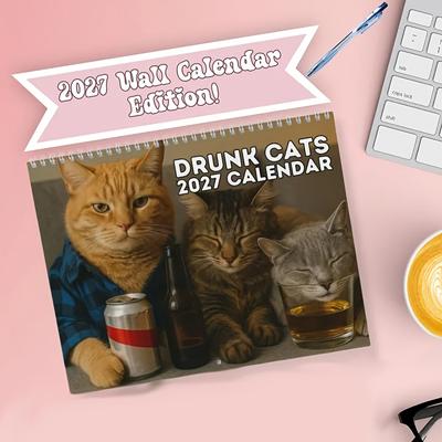Funny Drunk Cats 1117 Hanging Wall Calendar 11 Month Monthly Planner with Cute Cat Artwork Wall Decor Novelty Gift for Cat Fans