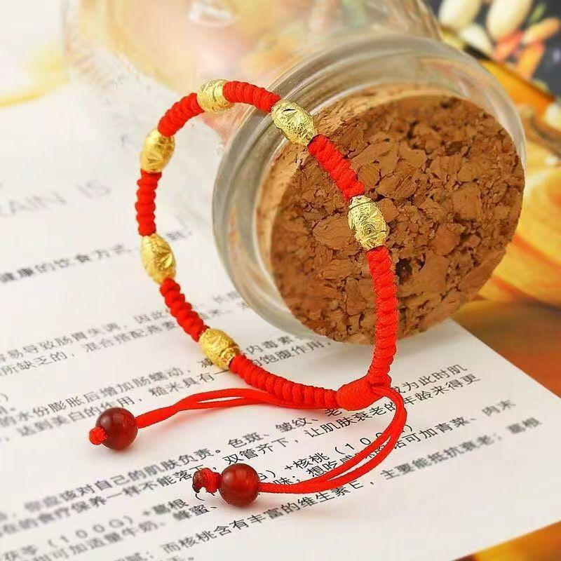 Gold-Plated Lucky Bead Red String Bracelet, Adjustable Hand-Woven Birth Year Ethnic Style Accessory