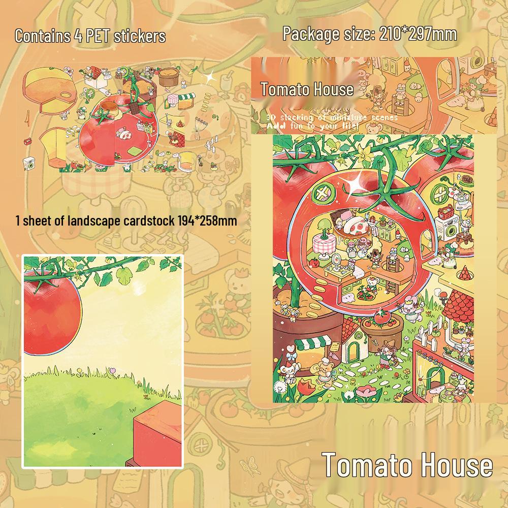 4 Sheets of Large PET Tomato House Scenery Stickers for DIY Miniature Houses and Journals