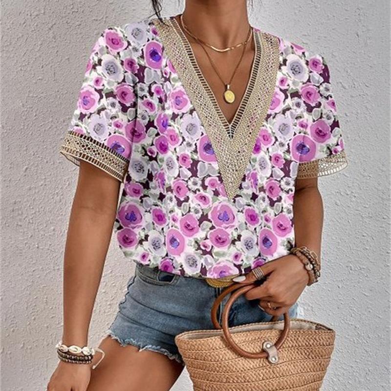 Sommer V-Ausschnitt Spitze Loose Print Damen Bluse Tops Stilvolle Bürodame Kurzarmshirt Damen Vintage Elegante Casual Blusen Damenbekleidung 24308
