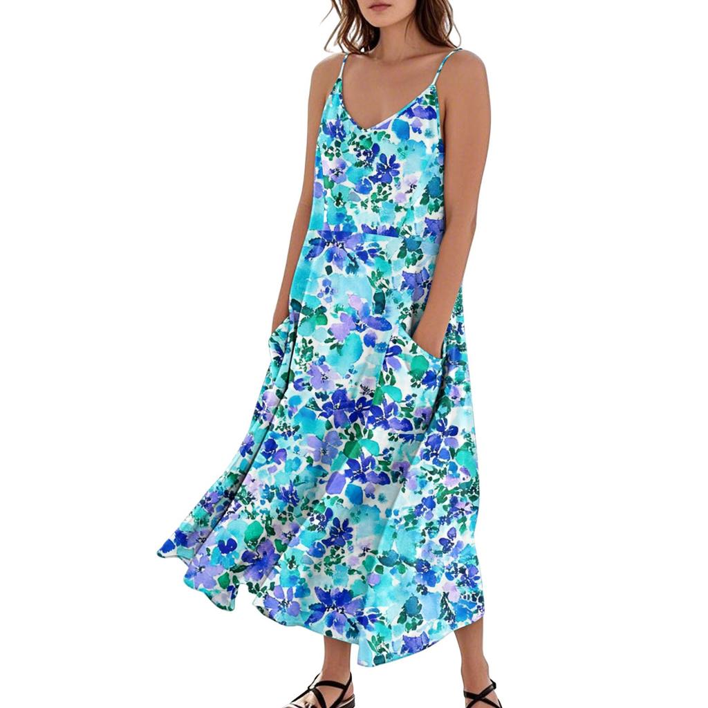 Women's Fashion Casual Floral Print Sleeveless Pocket Long Beach Dress