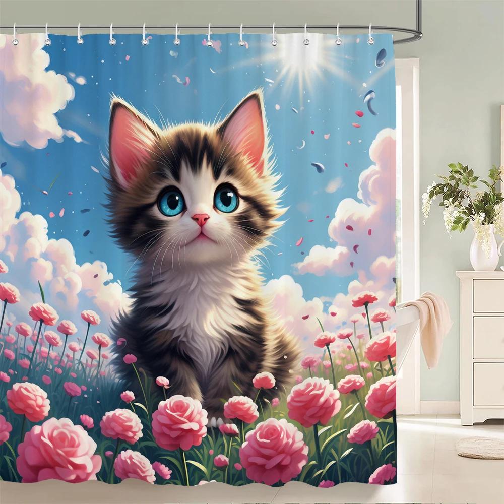Floral Summer Shower Curtain Cat and Dog Animals Fabric Shower Curtains for Rustic Bathroom Decor Spring Plant Shower Curtain