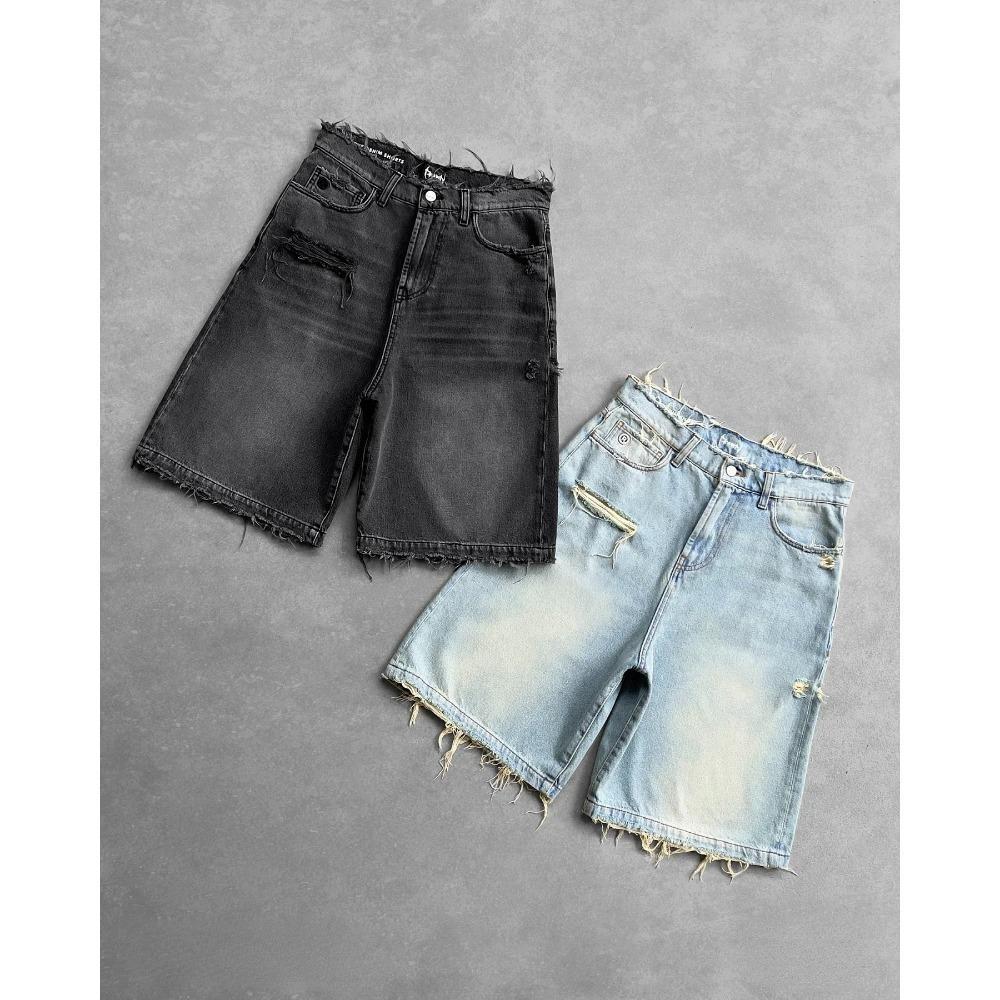 ZYLLO Y2k Black Punk Washed Baggy Work Shorts Men Women Fashion Hip Hop Ripped Hole Denim Shorts Vintage Raw Edge Jorts Streetwear