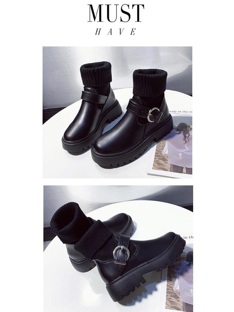 Women's Chunky Heel Knitted Wool Ankle Boots, Warm Velvet-Lined Cotton Leather Martin Style