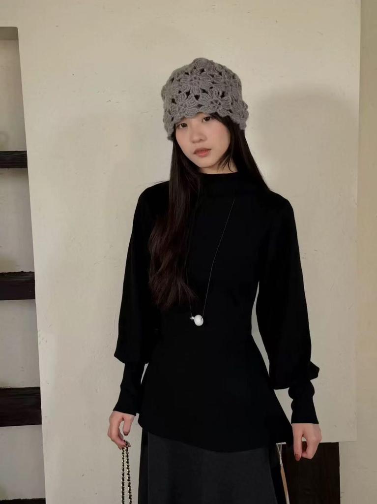 Plus Size Elegant Black Lantern Sleeve Knit Top with Slimming Waist