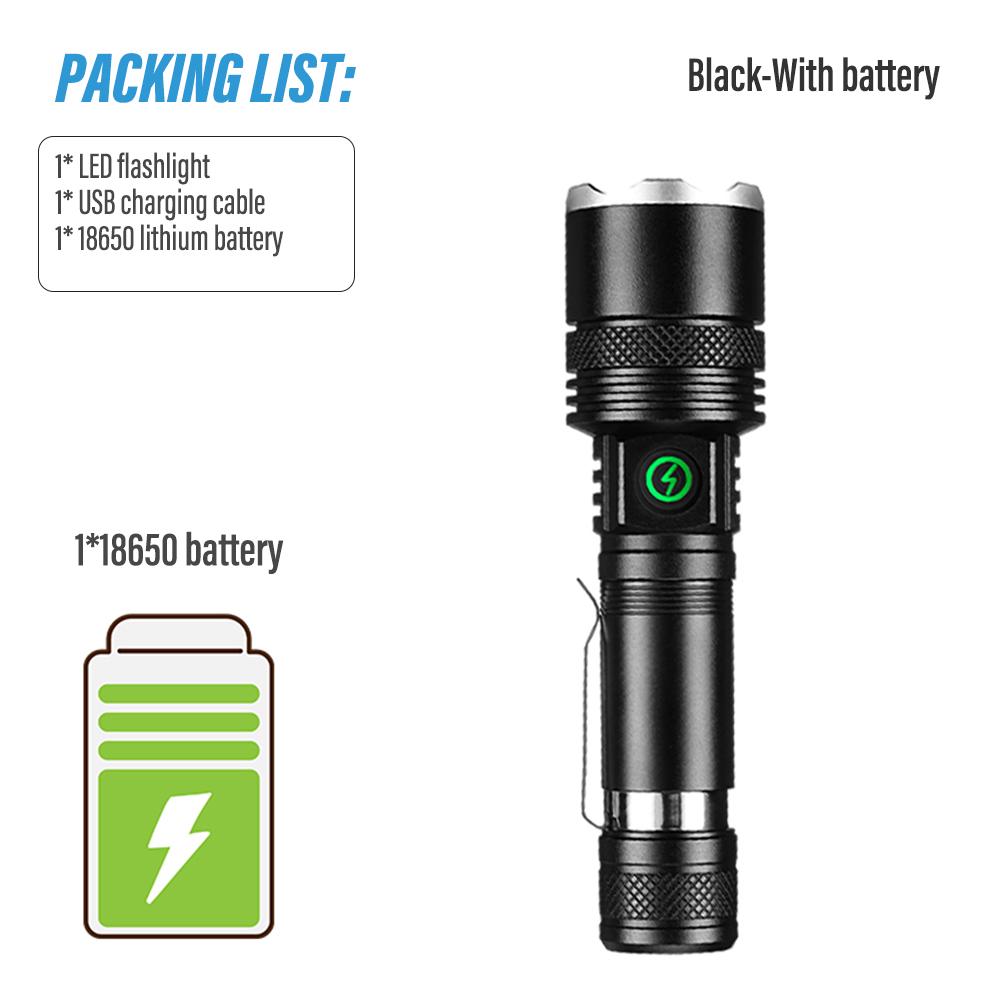 Super Bright LED Flashlight Rechargeable Torch Portable Work Light Outdoor Camping Light with Telescopic Zoom