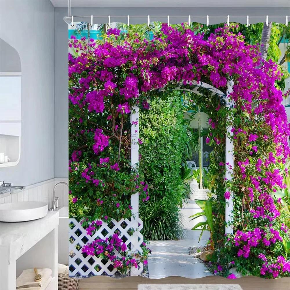European Landscape Shower Curtains Purple Flowers Plants Blue Wooden Door Vintage Mediterranean Style Bathroom Decor with Hooks