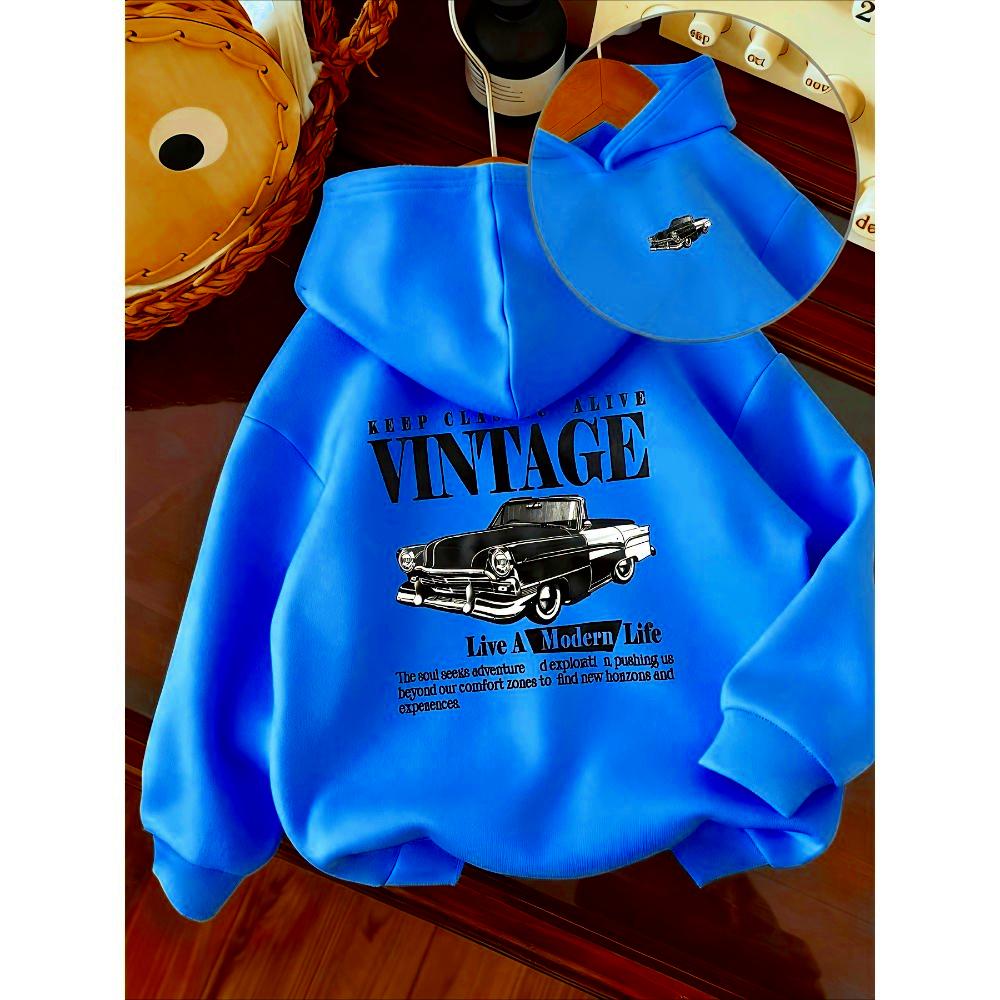 Children's RETRO CAR VINTAGE Letter Printed Hoodie Loose Casual Long-sleeved Top, Spring and Autumn Models