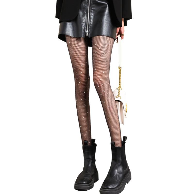 Kadın Siyah Taşlı File Çorap – Trend, Seksi Kesimli, Bahar İçin Parlak Jartiyer