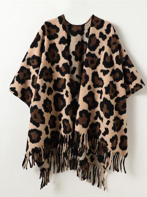 Winter Women Scarf Layers Poncho Elegant Lady Retro Leopard Print Wraps Shawl Casual Warm Scarve Capa Para Mujer Pashmina Cloak