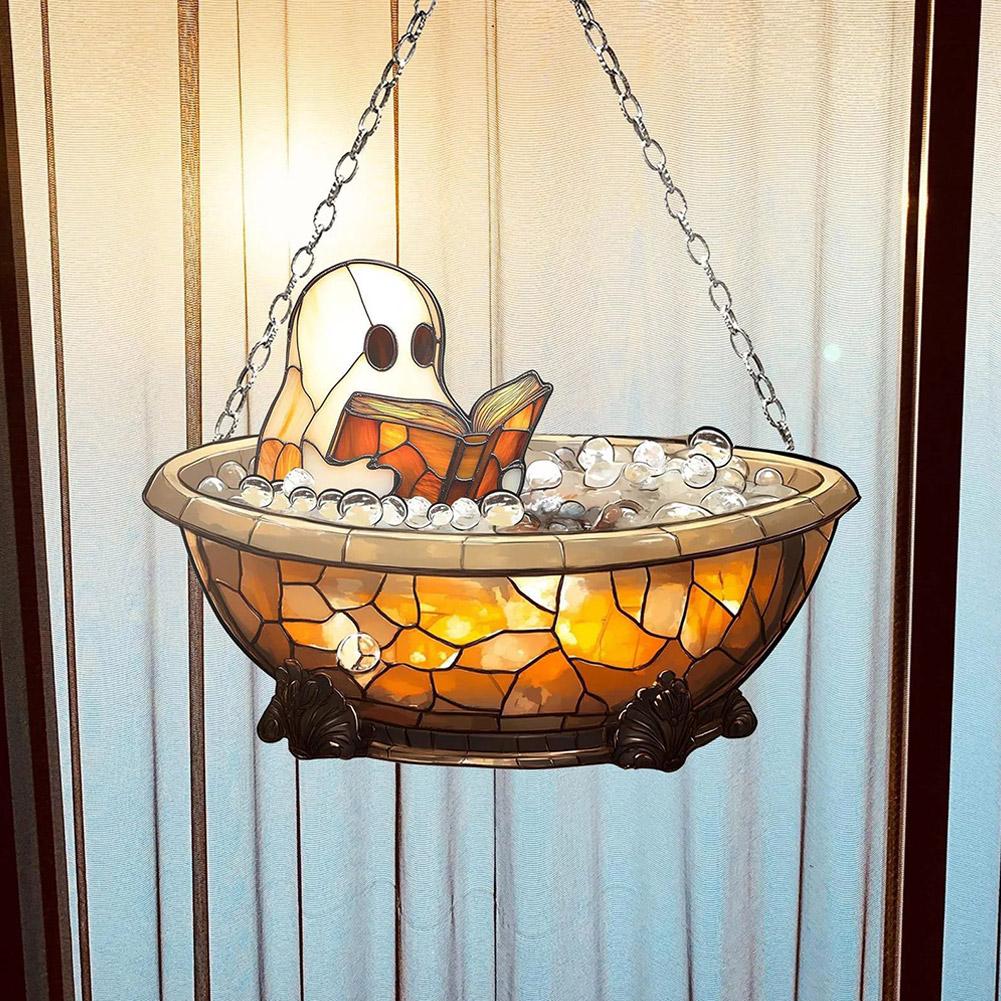 Cute Ghost Reading Book In Bathroom Suncatcher, Ghost In Bathtub Halloween Acrylic Spooky Ornaments Window Hanging Suncatchers