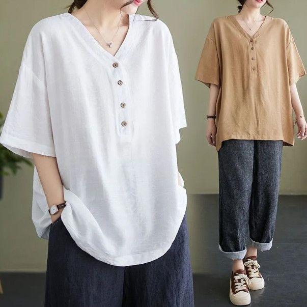 Plus Size Cotton Linen V-Neck Short-Sleeve Women's T-Shirt - Loose, Casual, Slimming Summer Fashion Top