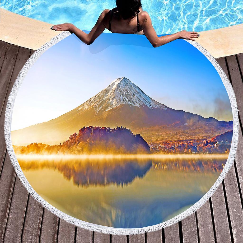 Japanese Mount Fuji Round Beach Towel,Snow Mountain Sand Free Lightweight Beach Blanket,Absorbent Quick Dry Pool Towel Yoga Mat