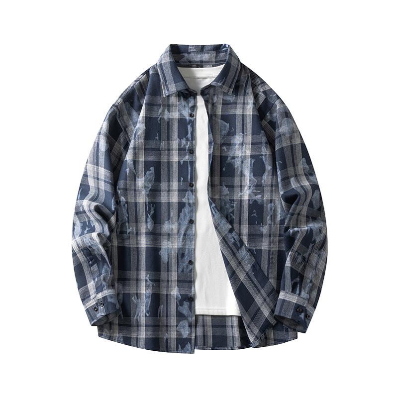 Tie-dye plaid long-sleeved shirts for men and women, autumn new trendy Hong Kong style casual jackets, youth tops