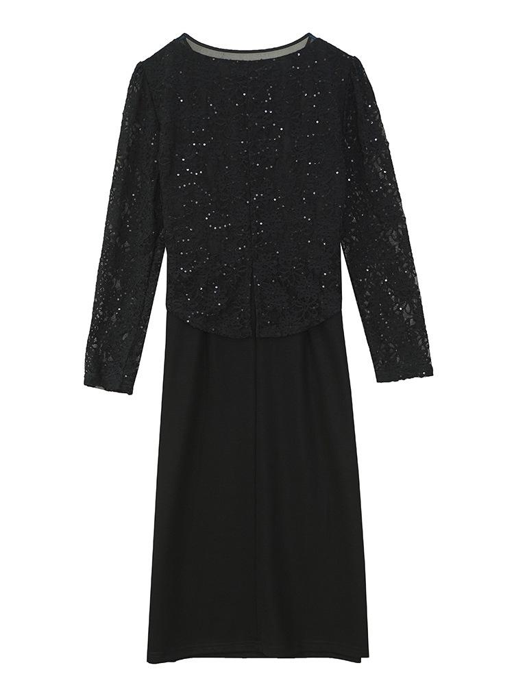 Plus Size Black Sequin Lace Two-Piece Long Sleeve Dress for Women – Slimming Spring/Autumn Style
