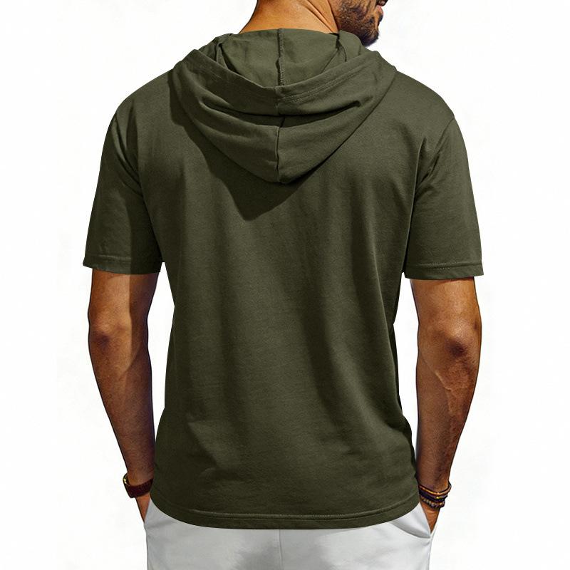 Men's Hooded Henley T Shirt, Summer Short Sleeve Regular Fit Breathable Sports Pullover Top