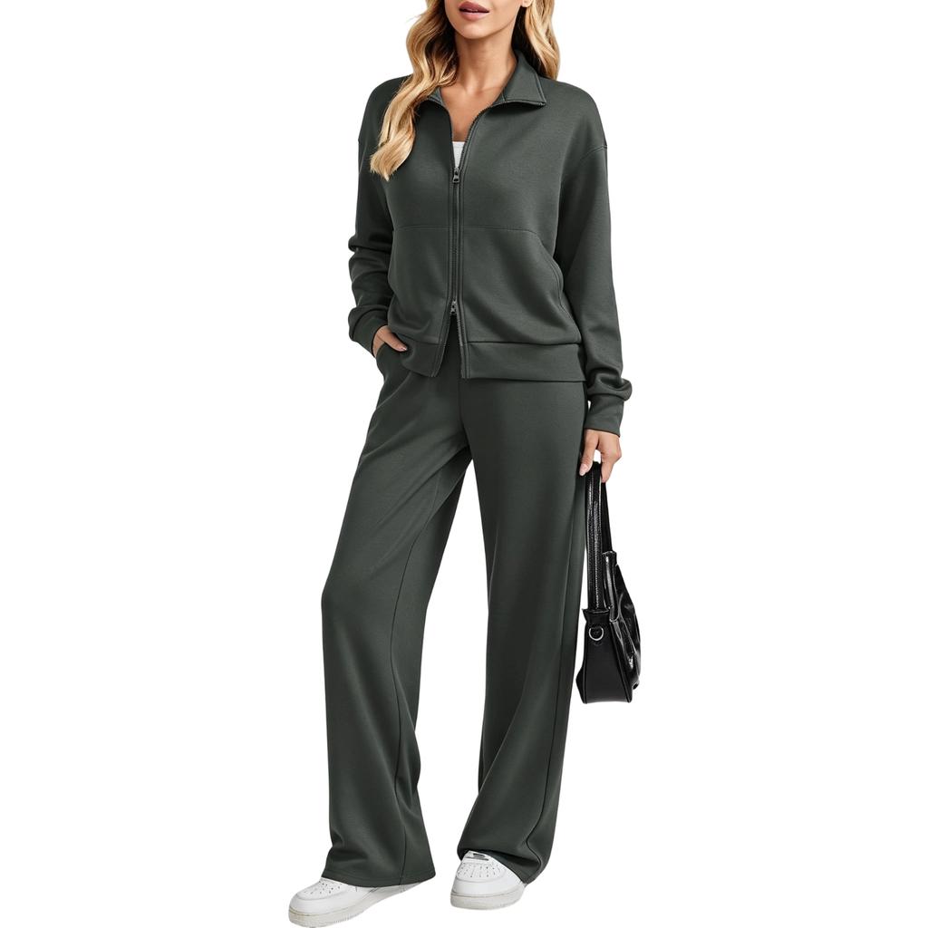 Damen 2-teiliges Set mit Reißverschlussjacke mit Kragen und lockerer Hose mit weitem Bein, Farbe Trendiges Freizeit-Outfit