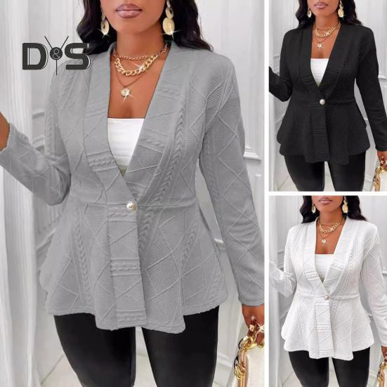 Fall Winter Lady Suit Coat Single Button Textured Jaquard Solid Color Mid Length Deep V Neck Long Sleeves Formal Business Style Lady Commuting Jacket