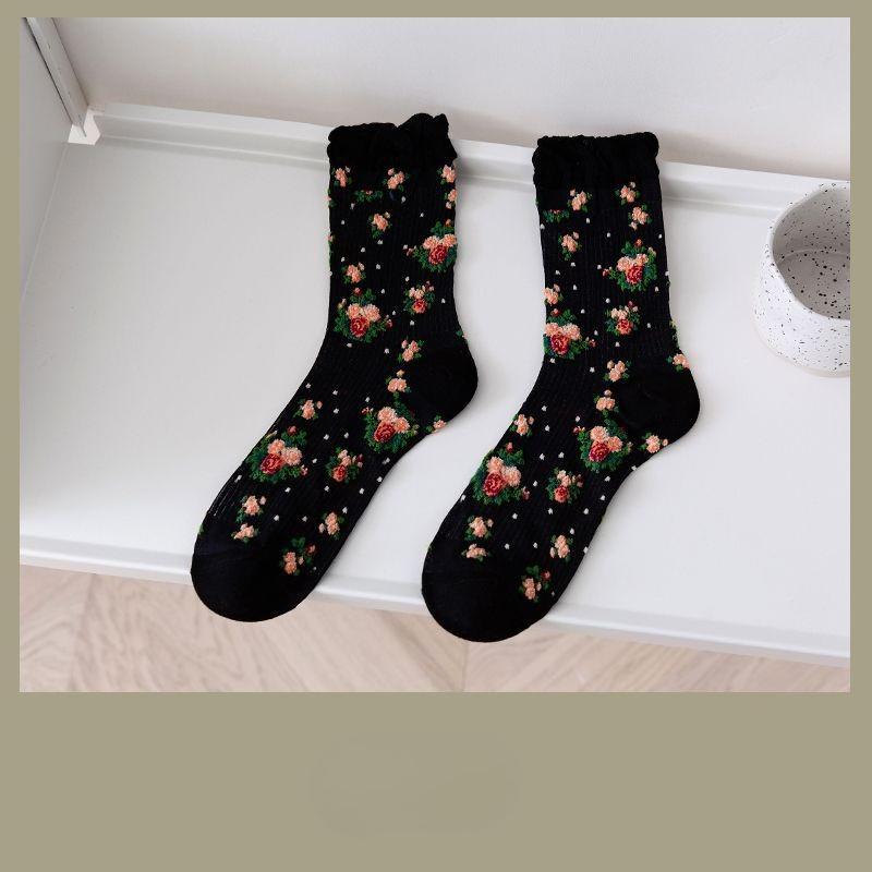 Women's Spring and Summer Thin Mid-calf Socks, Retro Floral Pile Socks, Lace Transparent Glass Fiber Socks