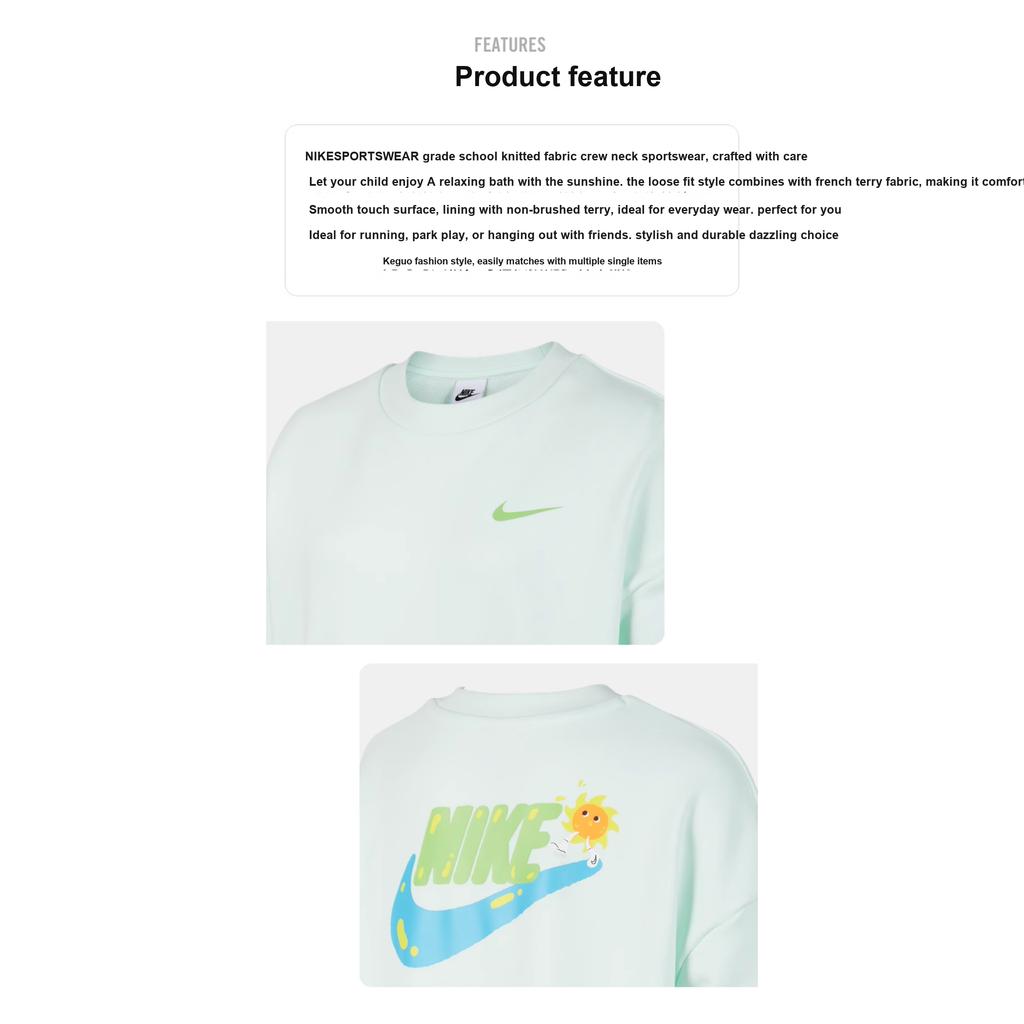 Nike Sportswear Solid Color Crew Neck Casual Pullover Long Sleeve Sweatshirt Kids sweatshirt Light-Green HF1126-394