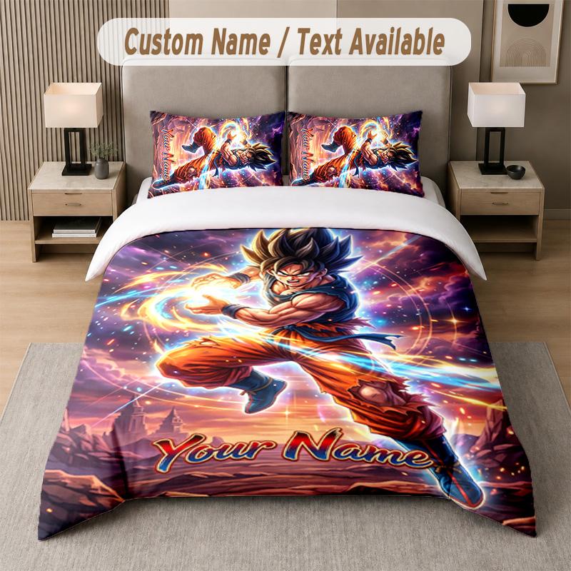 Dragon Ball 3Pcs Bedding Set, Personalized Custom Name Text, 1 Duvet Cover & 2 Pillowcases For Bedroom