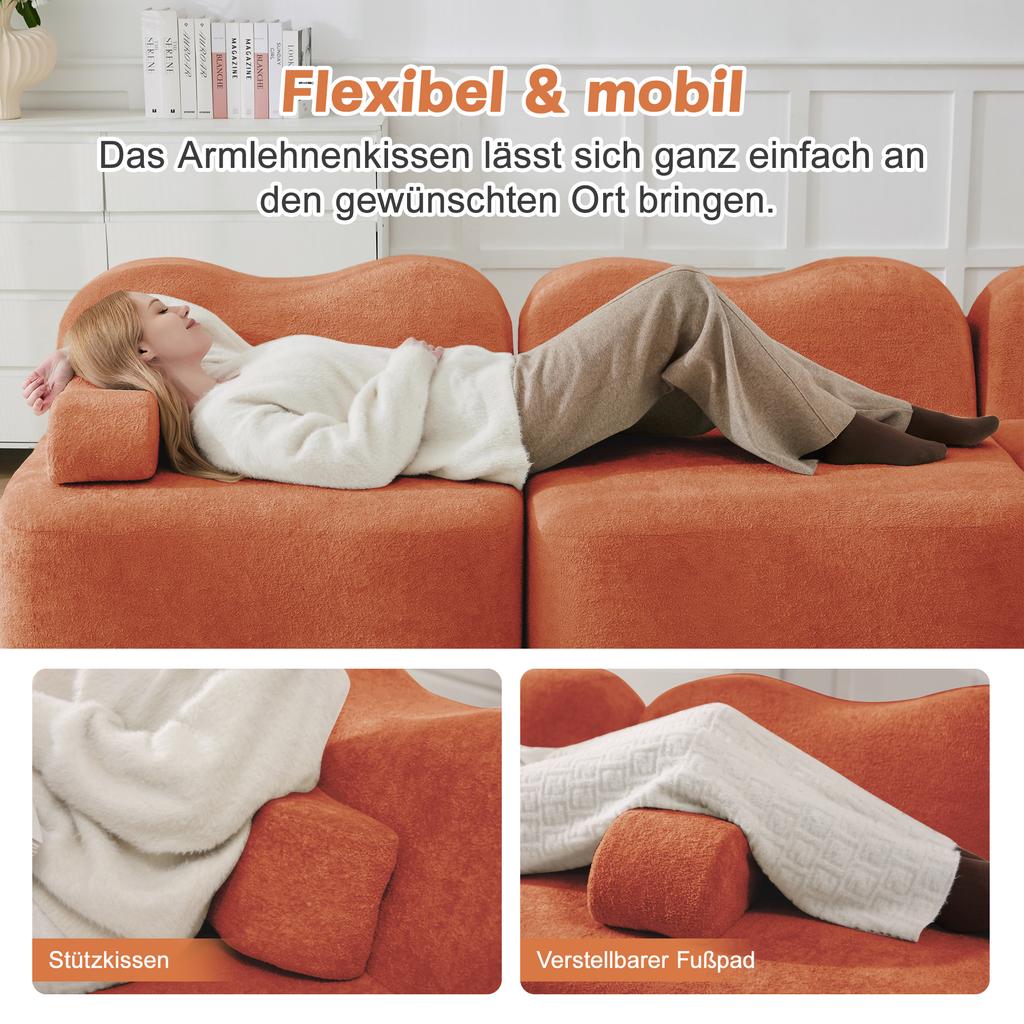 2-Seater L-Shaped Modular Boneless Sofa with 1 Ottoman, Wave Shape, Movable Armrest Cushion, for Living Room & Apartment, No Assembly Required, Orange