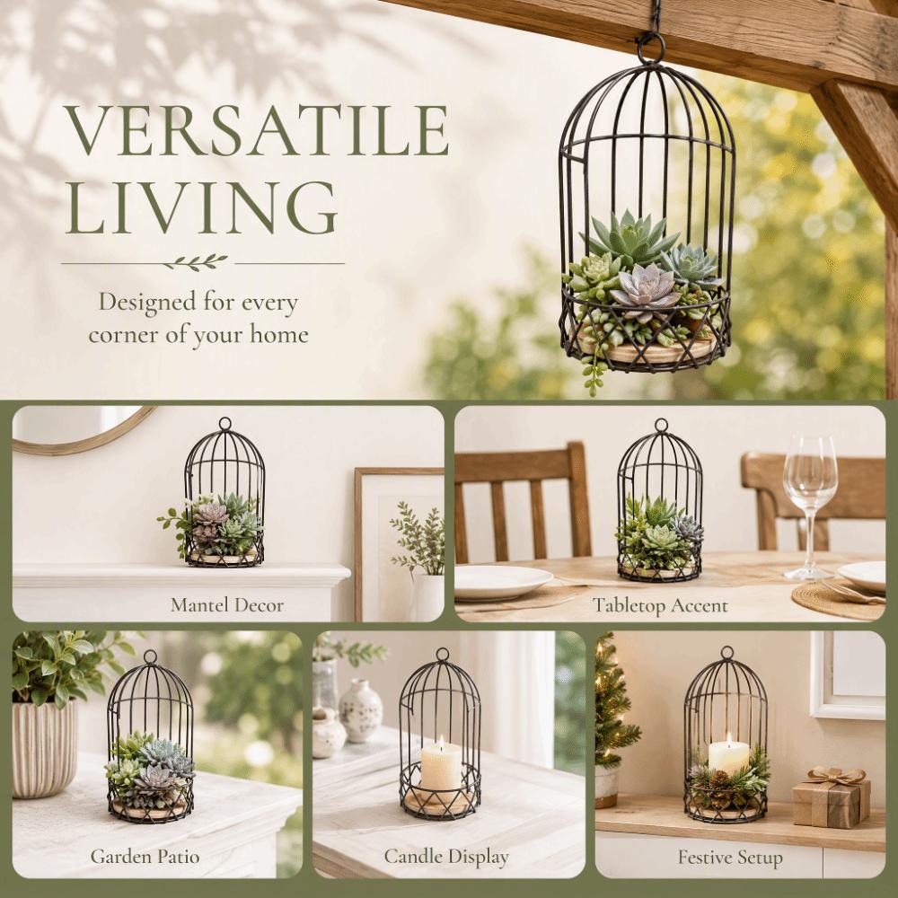 Vintage Birdcage Planter Stand Iron Frame,Wooden Board Bird Cage Table Decor  Vase Bouquet Display