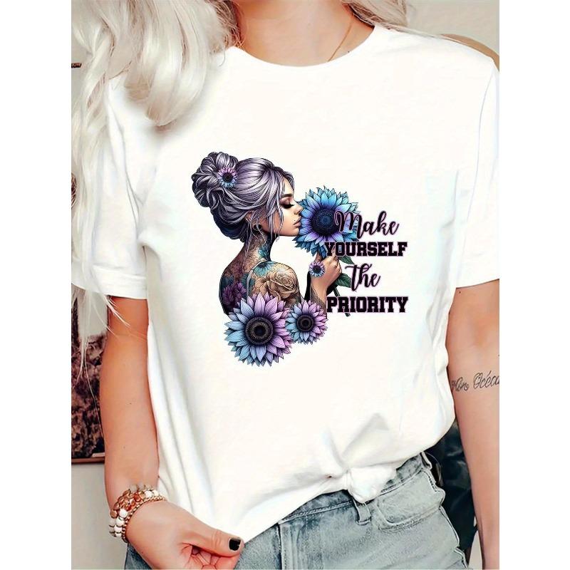 

Women Y2K Retro Self-Care T-Shirt Make Yourself A Priority Floral Female Face Print White Oversized Crew Neck Short Sleeve Casual Top 4XL білий
