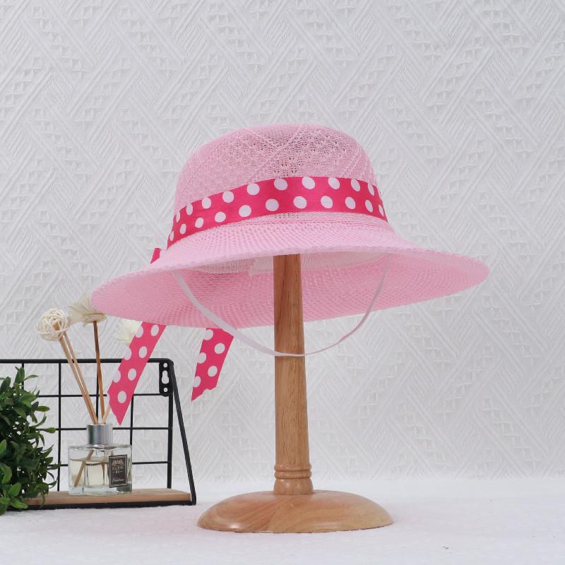 Fashion Dot Ribbon Bowknot Straw Hat for Women Summer Travel Beach Mesh Breathable Large Brim Sunshade Cap Girls Fisherman Hat