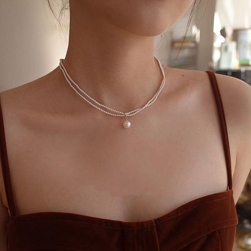 Fashion Internet celebrity explosion French necklace millet pearl small twist double collarbone chain women's neck chain