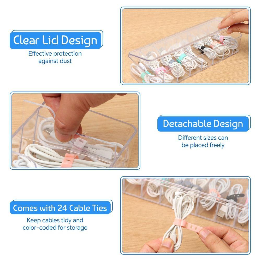 

2 шт. прозрачные коробки-органайзеры для кабелей с 24 шт. проволочными стяжками настольный чехол для канцелярских принадлежностей для домашнего офиса