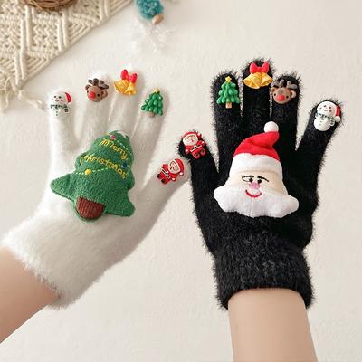 Kids Cartoon Gloves Christmas Gloves Plush Warm Snowman Xmas Tree Elk Decoration Girls And Boys Winter Outdoor Five Finger Gloves