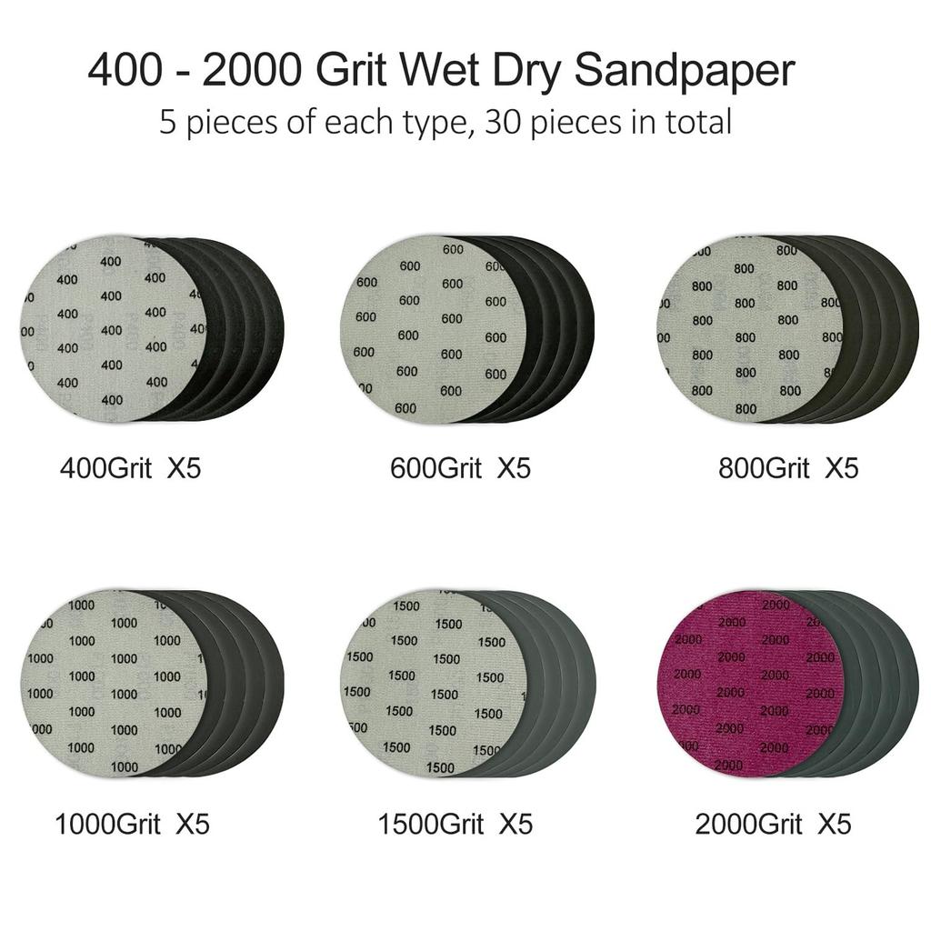 5 Inch wet and dry round flocking sandpaper sheet 30 pieces 400 600 800 1000 1500 2000 mesh Suitable for track sander