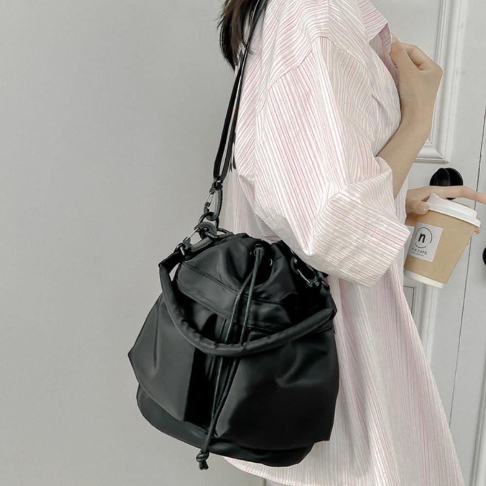 Damen-Nylon-Beutel mit 2-Wege-Kordelzug, ultraleicht, kann in der Hand oder über der Schulter getragen werden, mit einem Kordelzugriemen (schwarz)