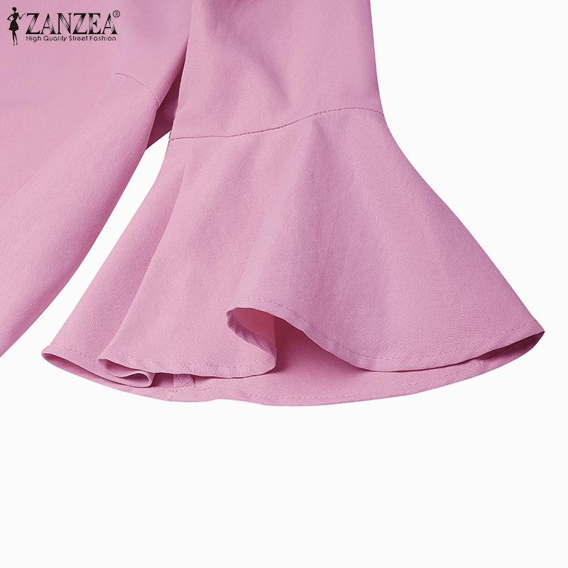 ZANZEA Women Casual Round Neck Loose Ruffles 3/4 Sleeve Plain Blouse