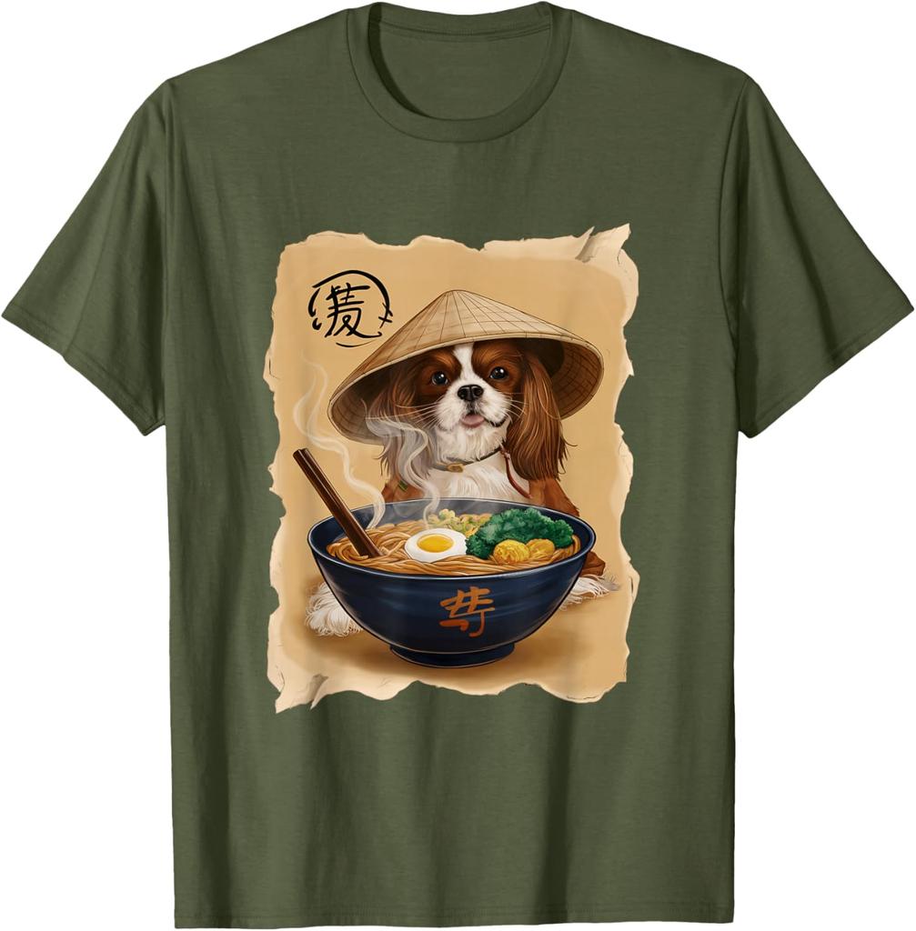 Cavalier King Charles Spaniel Eating Ramen Graphic T-Shirt Cool Asian Style Print Men's Casual Tee