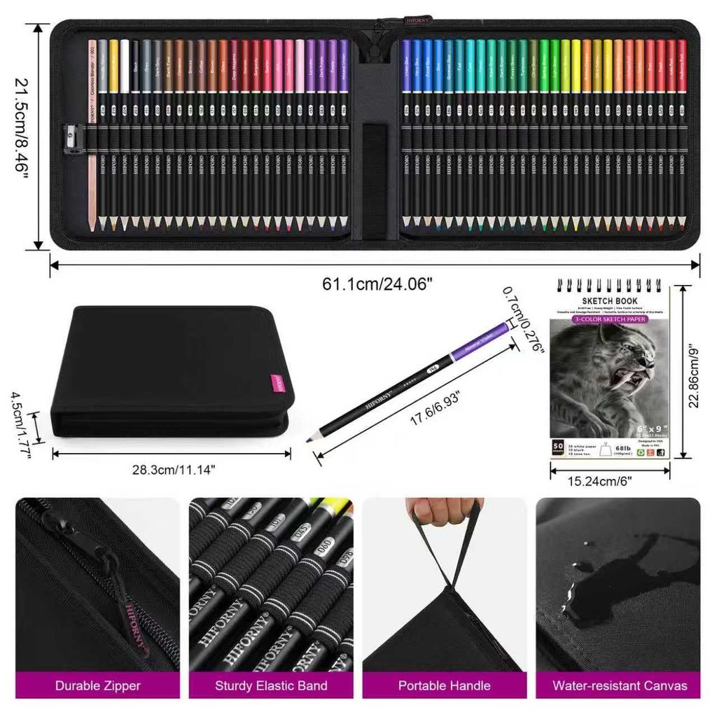 HIFORNY Colored Pencil Set for Adults 50 Colored Pencils with Coloring and Color Chart Gift Boxed and Zippered Case 55-Piece – Soft-Core Sketchbook,
