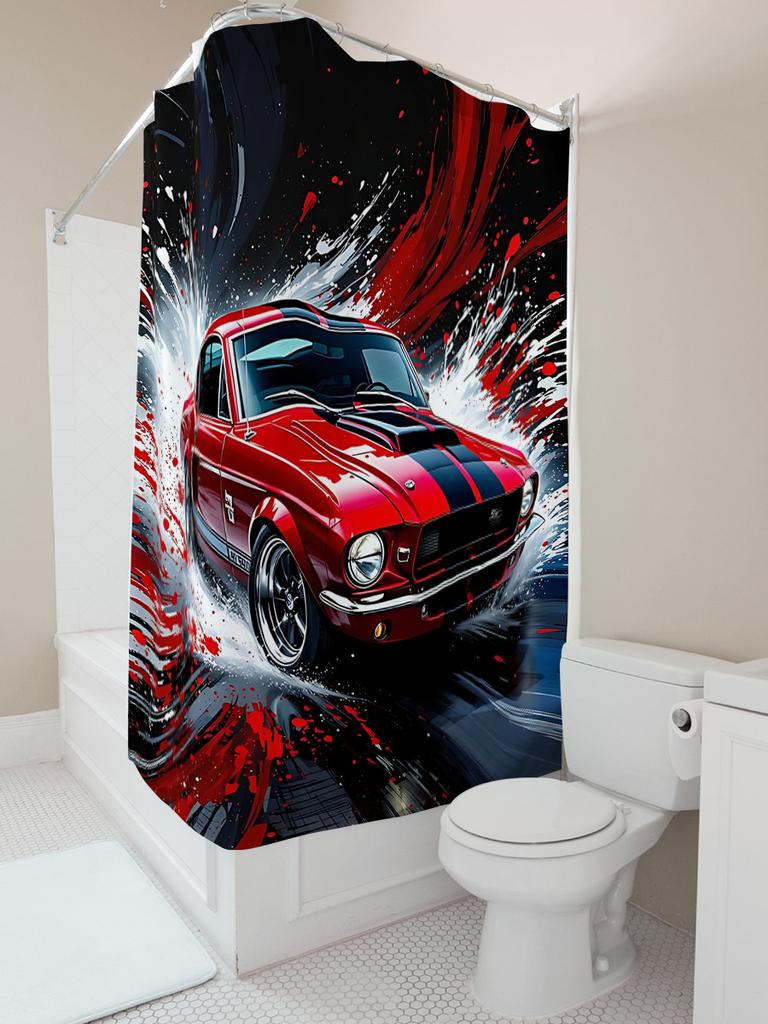 Speed Passion Red Mustang Shower Curtain for Bathroom - Vintage Car Design with Dynamic Splash Effect Waterproof  Durable