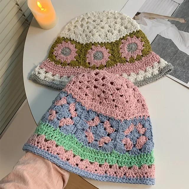 

Flower Knitted Bucket Hats for Women Handmade Crochet Hollow Basin Hat Ladies Skullies Cap Spring Summer Sunscreen Sun Hat Gorro M(56-58CM) рожевий