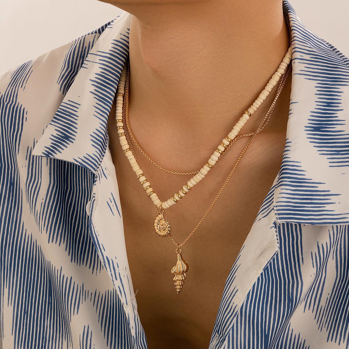 Bohemian Multi Layer Seed Bead Necklace With Conch Shell Pendant Beach Vacation Jewelry For Women