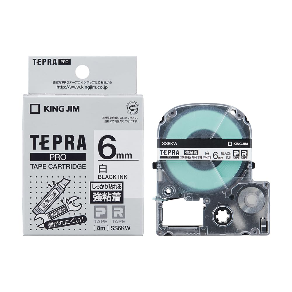 

King Jim Genuine Tepra PRO Tape Strong White 8m SS6KW Cartridge, Adhesive, 6mm, Label/Black Text, Length,