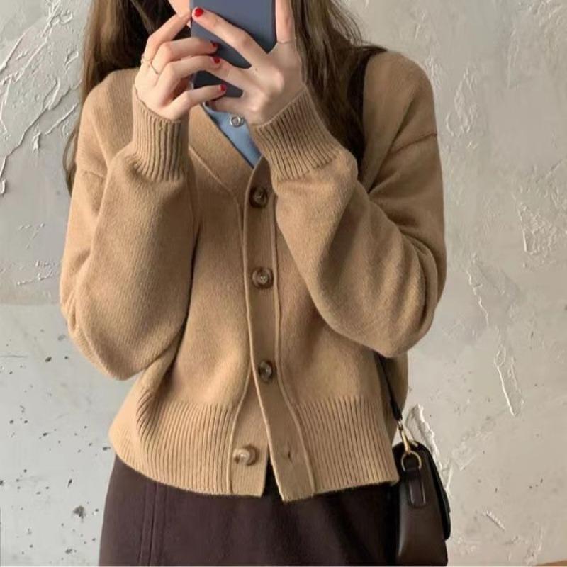 

Кардиган, женский свитер с v-образным вырезом, повседневный и универсальный осенне-зимний повседневный однотонный вязаный свитер с v-образным вырезом и длинными рукавами, женский топ One Size верблюд