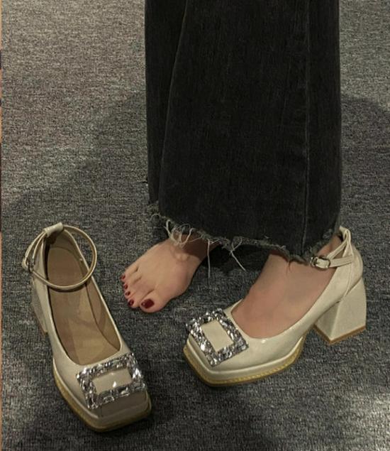 Spot Mary Jane Rhinestone Buckle Platform High Heel Square Toe Shoes for Women, Spring & Autumn 2024.