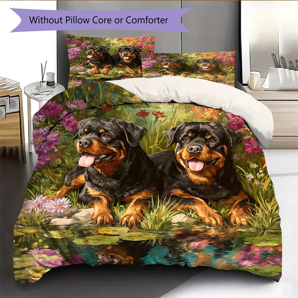 Rottweiler and garden Pattern Bedding Home Decoration Birthday Gift (1 * duvet cover + 2 * pillowcase, without core)