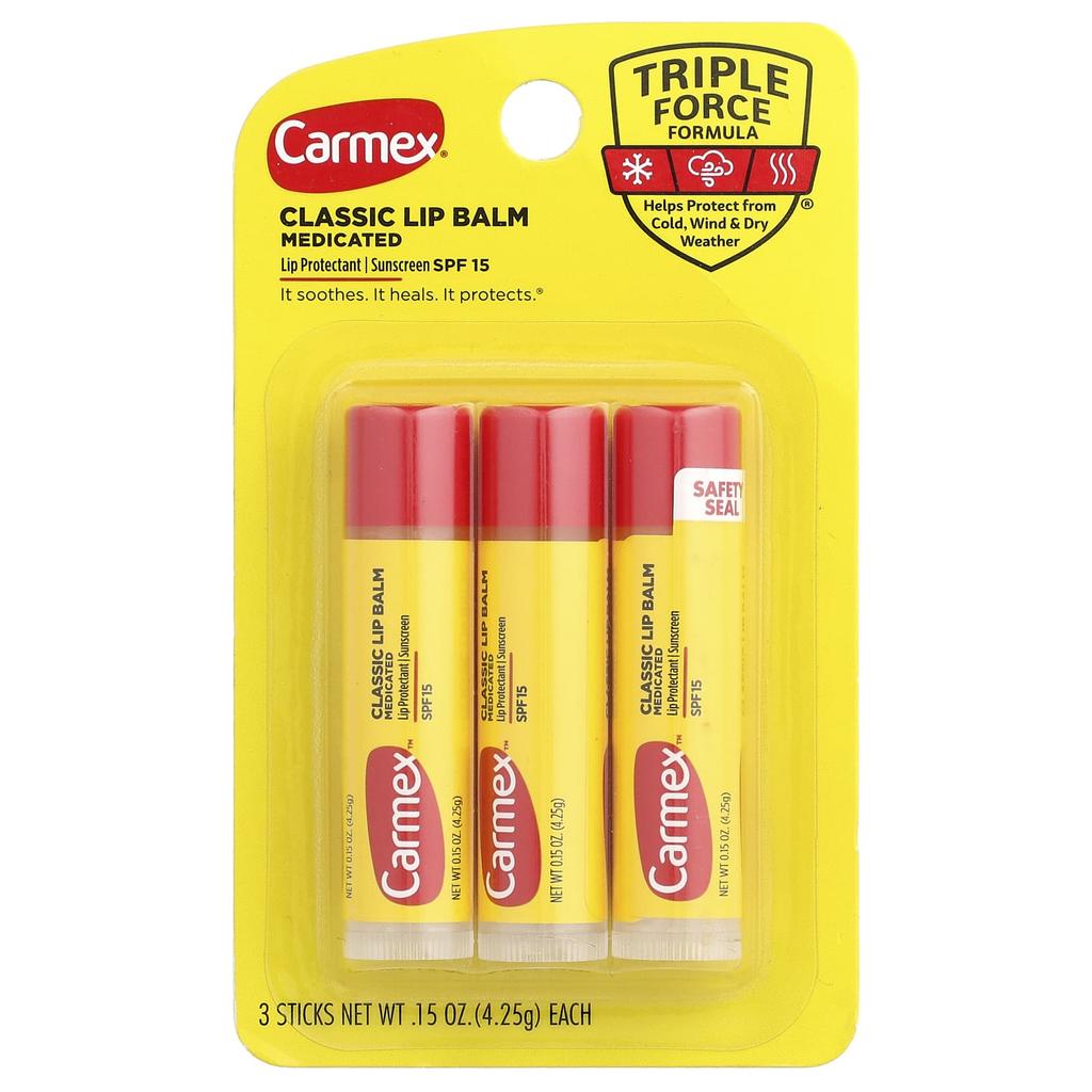 Carmex, Classic Lip Balm, Medicated, SPF 15, 3 Sticks, 4.25g (0.15oz) Each