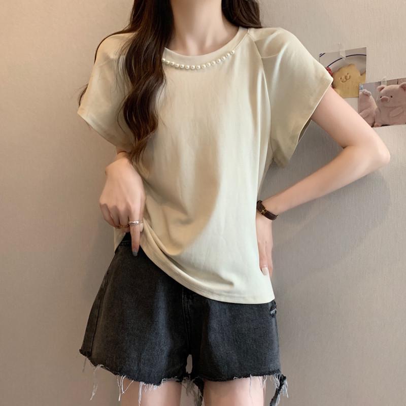 Plus Size Beaded Puff Sleeve Top - Versatile Slimming Summer Short Sleeve T-Shirt