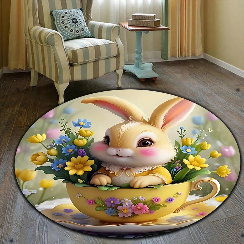Easter Cute Rabbit Patterned Rug Round Area Rug Decoration Suitable for Living Room Bedroom Office Game Room Children Gift